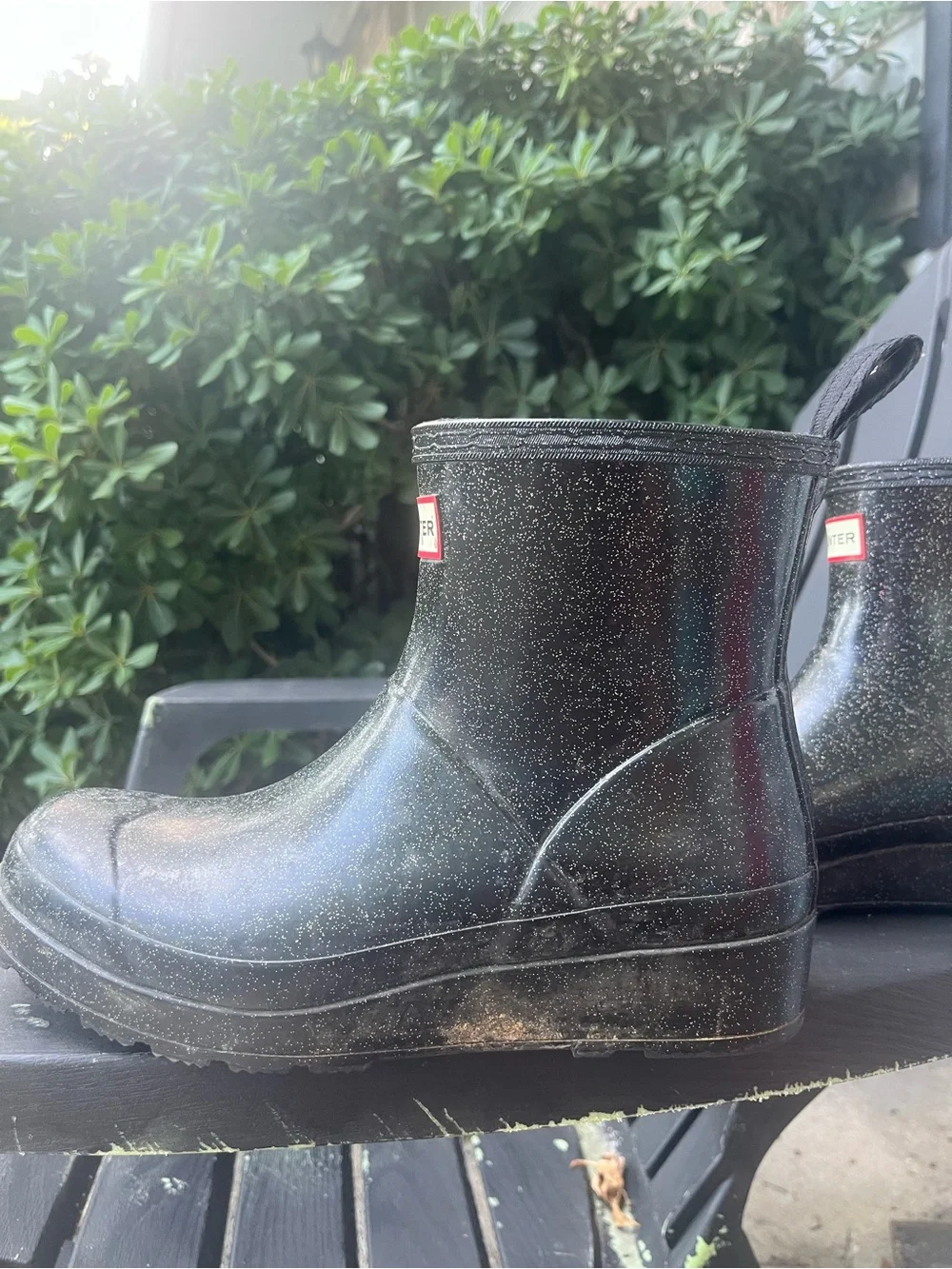 Hunter Womens PLAY Starcloud Glitter Short Waterproof Rain Boots Black Size 8